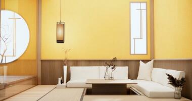 minimalistisk japandi stil levande rum dekorerad med soffa.3d tolkning foto