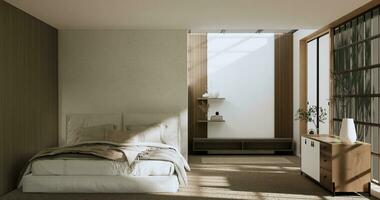 minimalistisk wabisabi sovrum växt och decoartion i japansk sovrum. 3d tolkning. foto