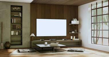 skåp TV trä- japansk design på rum minimal interiör.3d tolkning foto