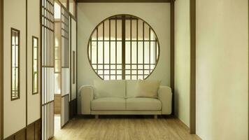 minimalistisk japandi stil levande rum dekorerad med soffa. foto