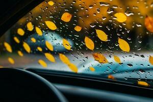 höst löv och regndroppar på de vindskydd av en bil. inuti se. selektiv fokus. generativ ai. foto