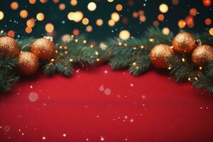 jul bakgrund med xmas träd och gnistra bokeh lampor på röd duk bakgrund. glad jul kort. vinter- Semester tema. Lycklig ny år. Plats för text. generativ ai. foto