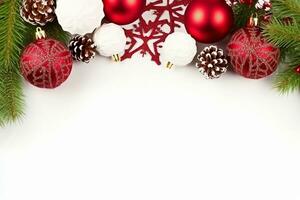 jul fortfarande liv. röd leksaker, gran grenar och dekorativ jul ornament på en vit bakgrund. generativ ai. foto