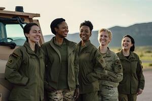 grupp av militär kvinnor stående tillsammans. generativ ai foto