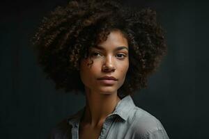 porträtt av en svart kvinna med lockigt hår. generativ ai foto