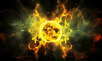 radioaktiv ett intensiv gul eldkula strålar mot en skarp svart bakgrund. skapas förbi ai foto