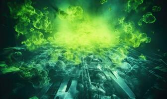 intensiv strålnings grön glöd föreslår radioaktiv närvaro. skapas förbi ai foto