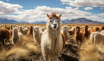 grupp av lamadjur nåd de omfattande bolivian öken, med avlägsen bergen som bakgrund. skapas förbi ai foto