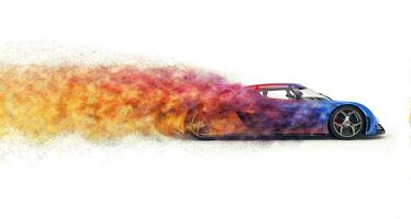 snabb modern super bil sönderfaller in i färgrik partiklar foto
