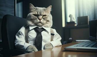 dapper kattdjur i en eleganta kostym sitter arbetssätt på ett kontor skrivbord. skapas förbi ai foto