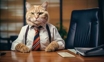 dapper kattdjur i en eleganta kostym sitter arbetssätt på ett kontor skrivbord. ai generativ foto