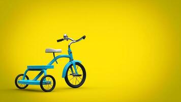 bra blå årgång trehjuling på gul bakgrund foto