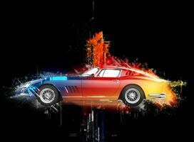 färgrik årgång bil - abstrakt 3d illustration - på svart bakgrund foto