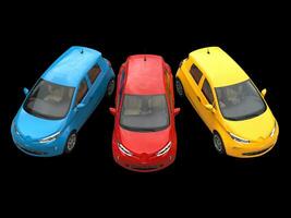 modern elektrisk eco bilar i gul, blå och röd - topp ner se - 3d framställa foto
