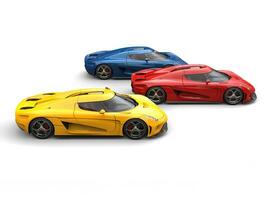 röd, blå och gul super bilar tävlings foto