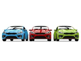 röd, grön och blå modern kompakt elektrisk bilar foto