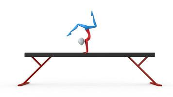 gymnast i röd och blå utrusta håller på med en flip på en balans stråle - 3d illustration foto