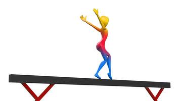 gymnast i färgrik utrusta utför på balans stråle - landning en hoppa utgör - 3d illustration foto