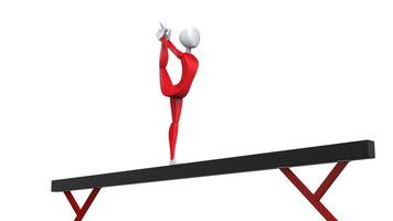 gymnast i röd utrusta utför ett ben stå på balans stråle - 3d illustration foto