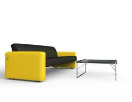 gul och svart soffa med glas kaffe tabell foto