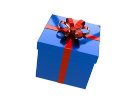 skinande blå gåva låda med ljus röd band foto