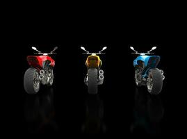 röd, gul och blå sporter motorcyklar - tillbaka se - isolerat på svart foto