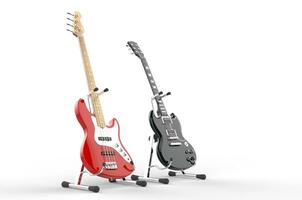 röd elektrisk bas och svart gitarr på står foto