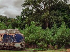 gammal rostig blå tåg på de spår i de trän foto