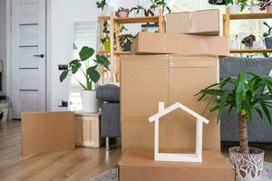 lådor med saker för rör på sig och hus växter är i de rum av de ny hus. inflyttning, familj fast egendom, frakt transport och leverans av saker foto