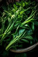 realistisk Foto av en knippa av kangkong. topp se grönsaker landskap. ai genererad