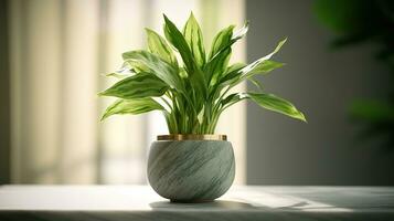 realistisk Foto av en tropisk växt i en marmor vas. med naturlig ljus skick. ai genererad