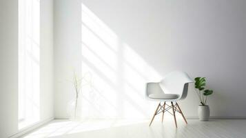 en vit stol står i en vit rum nära de fönster. ai-genererad foto