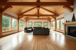 de interiör av de levande rum i en trä- hus med hög tak och strålar. ai genererad foto