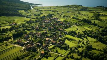 antenn se av bostads- hus på vår. grannskap, förort. verklig egendom, Drönare skott, solnedgång, solljus, från ovan. generativ ai foto