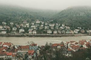 deprimerande vinter- se på Heidelberg med en kall vit dimma på de topp av de berg foto