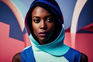 ai generativ vibrerande illustration ung afrikansk kvinna. abstrakt myriad färger på bakgrund. foto
