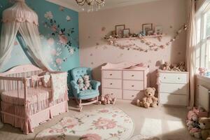bebis rum med elegant möbel och smakfull dekor. lugn och rymlig levande Plats, persika och pulver rosa lyx interiör design blommig Färg spjälsäng och cushion.ai genererad foto