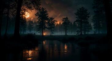 läskigt halloween natt i de besatt trän med kusligt orange himmel, ai genererad foto