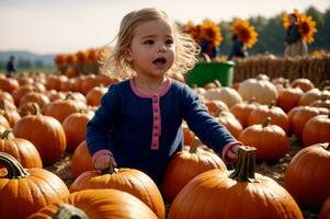 liten flicka plockning orange pumpor på falla skörda bruka för tacksägelse roligt, ai genererad foto