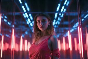 en ung kvinna står i en klubb med neon lampor. ai-genererad foto