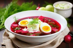 röd borscht med kokt ägg och grönsaker i en tallrik. ai genererad foto