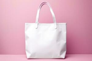 mock-up av en vit väska med handtag på en rosa bakgrund. ai genererad foto