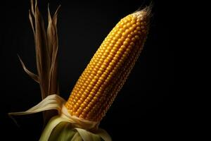 Foto av färsk majs på de majskolv på en mörk bakgrund. ai genererad