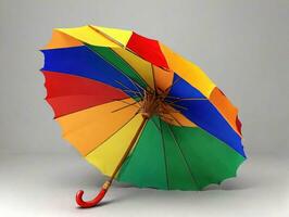 en färgrik paraply med en trä- hantera. ai genererad foto