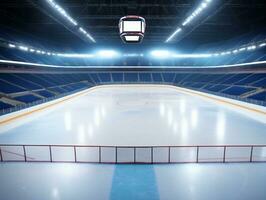en hockey rink med en blå is rink. ai genererad foto