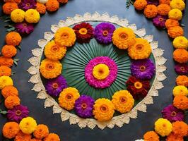 en cirkulär arrangemang av blommor anordnad i en cirkel. ai genererad foto