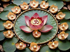 en lotus blomma omgiven förbi en siffra av ljus. ai genererad foto