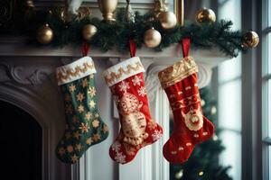 jul strumpor är hängande nära de främre dörr. ai-genererad foto