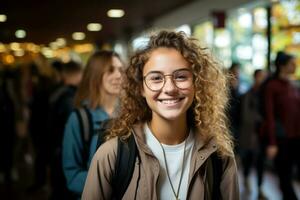 en studerande flicka med glasögon promenader ner de högskola korridor. ai-genererad foto