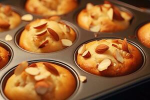 vanilj muffins med nötter i en bakning maträtt. ai-genererad foto